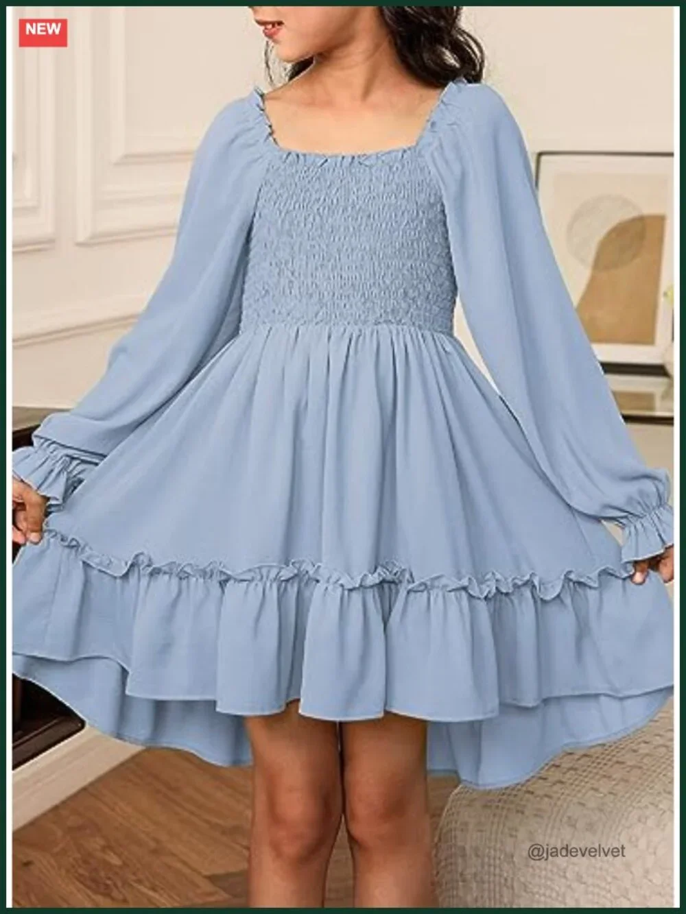Tween Girls High Low Hem A-Line Dress with Ruffled Long Sleeves